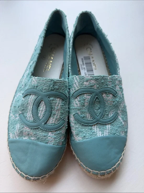 CHANEL Turquoise Tweed Espadrilles with CC Logo