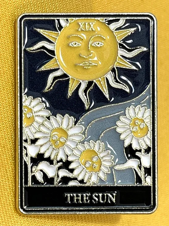 NWOT Black Gold Sun Brooch Lapel Pin Enamel Celestial Flowers Tarot The Sun