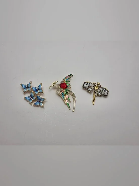 Fantasy Brooch Set Fairy Phoenix Butterflies • Whimsical Rhinestone Jewelry Trio