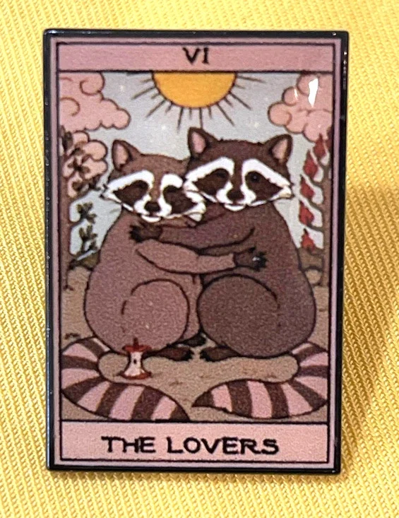 NWOT Pink Brown Racoon The Lovers Tarot Lapel Pin Brooch Enamel Animals Love