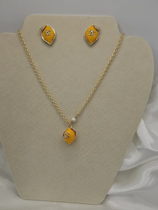 CHANEL Gold-Tone Necklace & Lemon Motif Studs in Bright Yellow