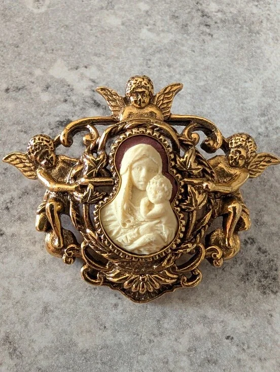 Gold-Tone Cherub Madonna and Child Brooch