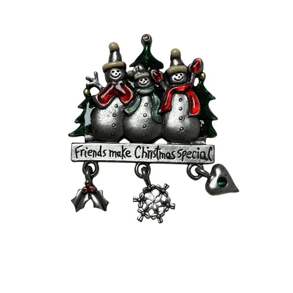 Vintage‎ AJMC Pewter Snowman Christmas Pin Brooch With Dangling Charms