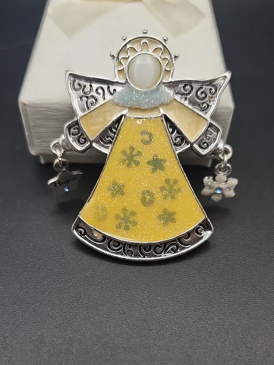 Silver-Tone Angel Brooch with Yellow Enamel Dress