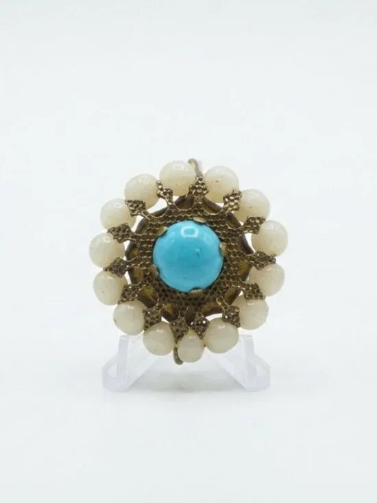 Vintage 1950s Gold-Tone Filigree Statement Brooch Blue Cabochon & White Bead Cir