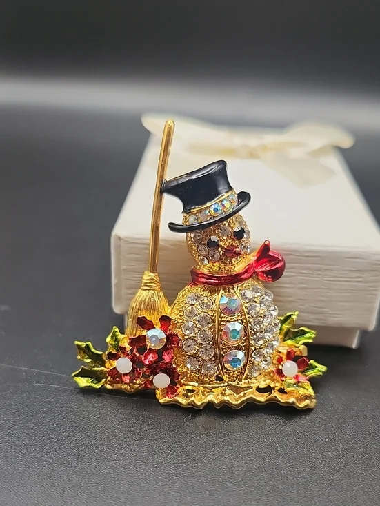 Gold Crystal Snowman Brooch with Black Hat and Red Scarf