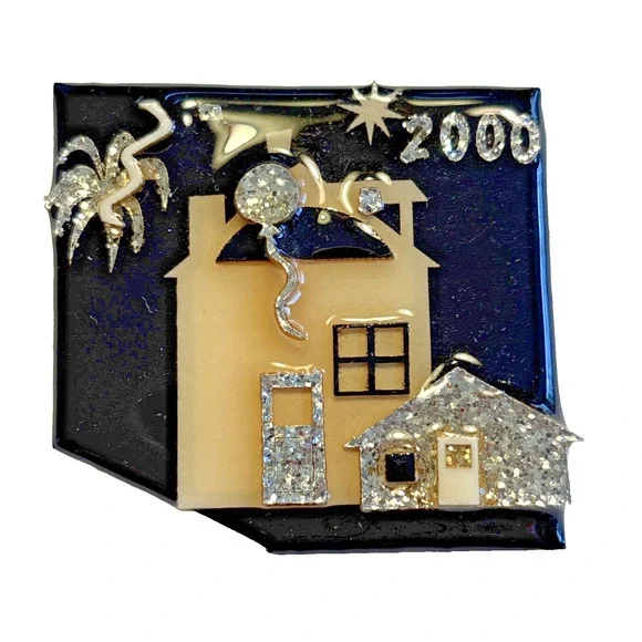 House Pins by Lucinda New Years Eve Glitter Black Cream Houses Brooch Y2K 2000