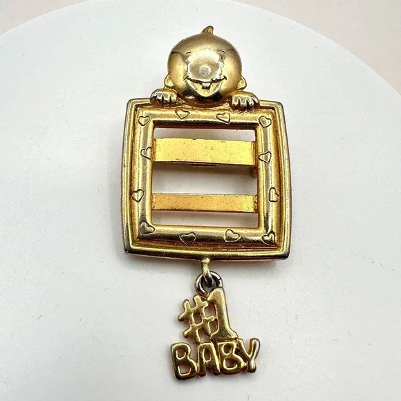 Vintage 90s Gold Tone #1 Baby Picture Frame Brooch Pin Charm Motherhood Jewelry‎