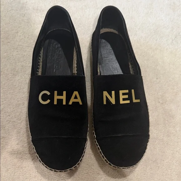 CHANEL Black Suede Espadrilles with Gold Lettering
