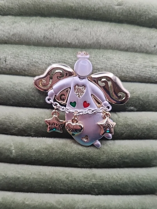 Gold and White Angel Brooch with Heart Accents and Dangling Charms