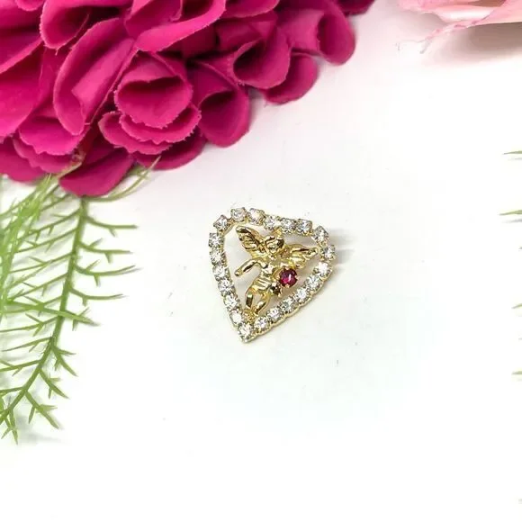 VINTAGE⚜️Valentine’s Cherub Crystal Heart Tack Pin