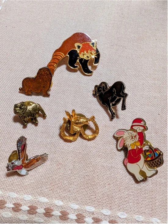 Vintage Animal Pin Lot 7 Enamel Lapel Pins Dog Bunny Red Panda Ram Bird Donkey