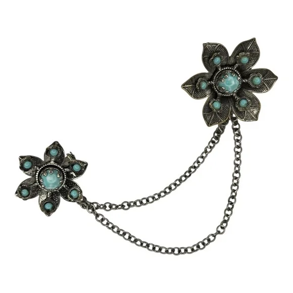 Vintage Collar Chain Brooch Silver Tone Blue Floral Southwestern Western