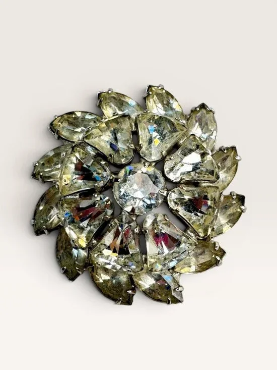Weiss Mid Century Crystal Rhinestone Brooch Silver Tone Multi Cut Floral Vintage