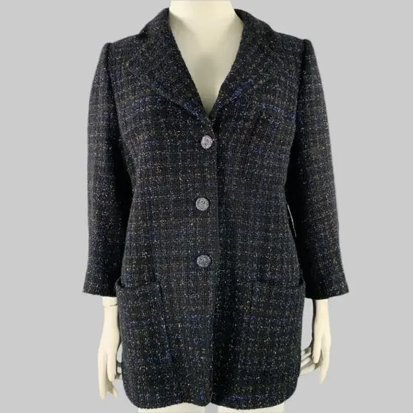 CHANEL Size 18 Black Navy Cotton Blend Shiny 3/4 Sleeves Coat