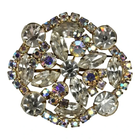 Vintage Brooch Pin Rhinestone Gold Tone Multicolor Aurora Borealis Sunburst