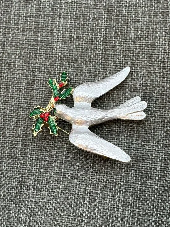 Vintage Christmas Dove Brooch 1.75 In White Green Red Enamel Rhinestone Holiday