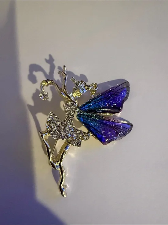 Silver Fairy Brooch with Blue-Purple Glitter Wings