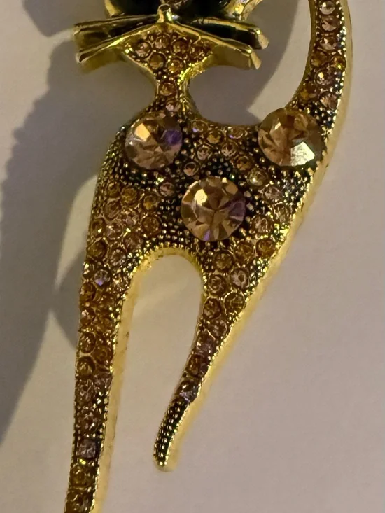 Gold Crystal Cat Brooch - Gold Pink Rhinestone Cat Pin
