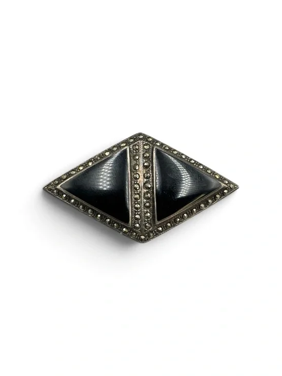 Vintage Sterling Silver Black Onyx Marcasite Brooch 2.25” Art Deco Sterling