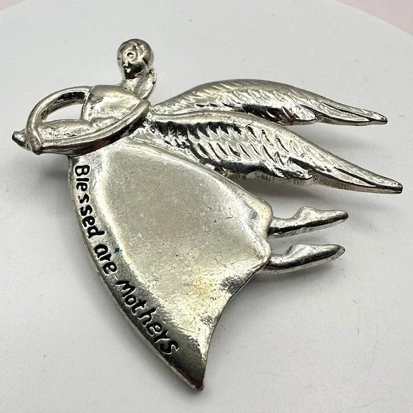 Vintage 90s Silver‎ Tone Blessed Are Mothers Angel Brooch Pin Classic Jewelry