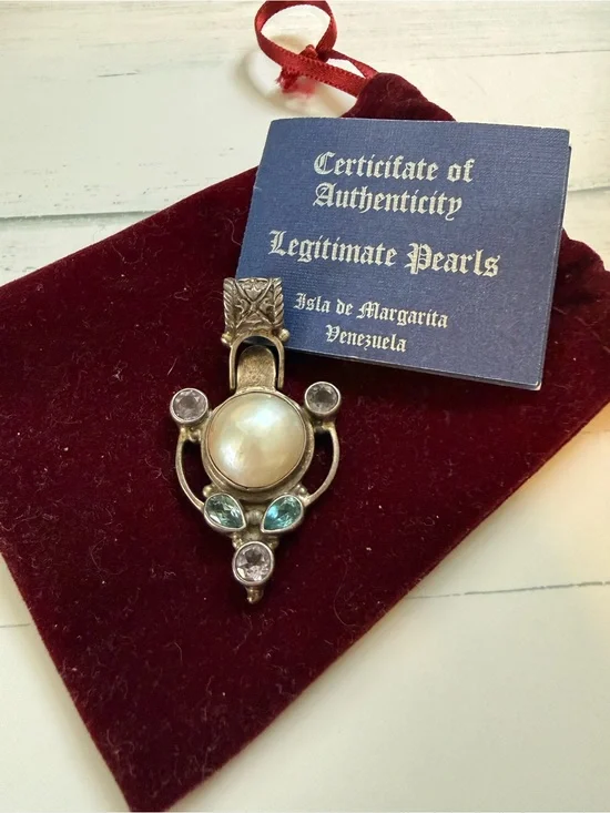925 Sterling Silver Pearl Pendant with Blue and Purple Topaz Stones