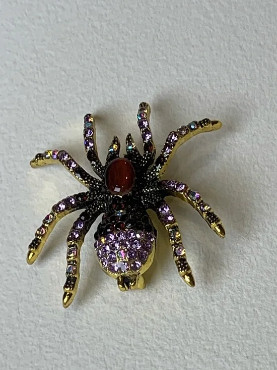 Rhinestone Spider Brooch Purple Amethyst Gold Tone