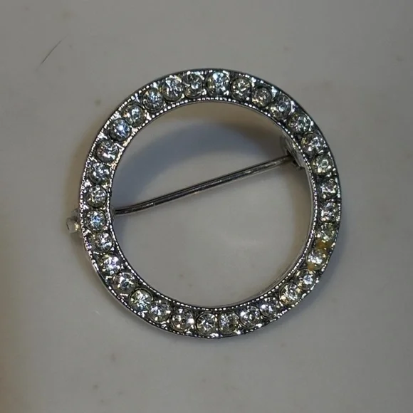 Vintage Open Circle Rhinestone Brooch Silver Tone Mid Century Minimalist