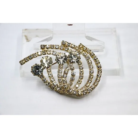 Vintage Rhinestone Pin Brooch Silver Tone Swirl wave