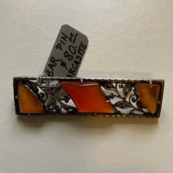 🧡✨ Vintage German Silver Bar Pin with Amber-Colored Carnelian & Marcasite Inlay