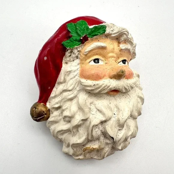 Vintage 80s Father Christmas Chalkware Holly Brooches Yuletide Lapel Pin Jewelry