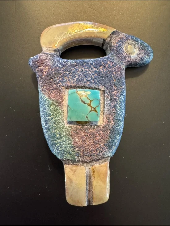 Vintage Southwestern Ceramic Brooch Turquoise Cabochon - Wearable Art Pin