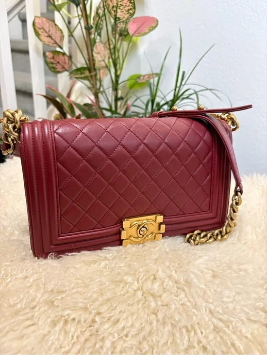 Chanel Boy Burgundy Quilted Lambskin Leather New Medium