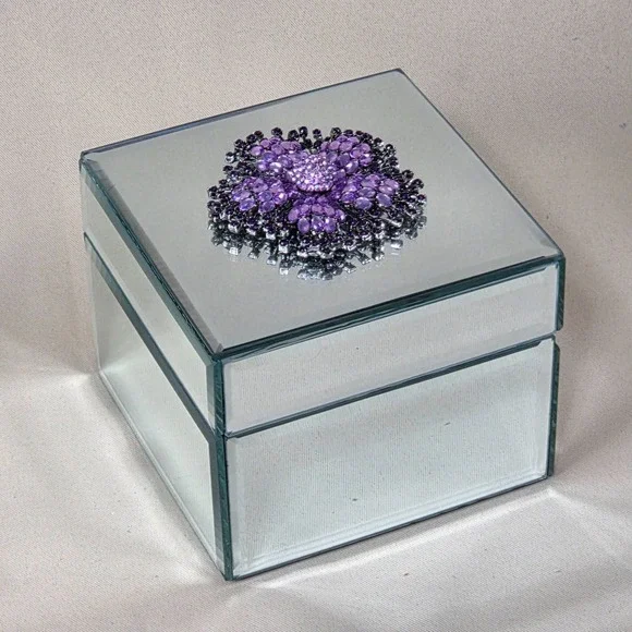 Mirrored Jewelry Box Jeweled Brooch Purple Pink Rhinestone Glam Decor 5x5 Square