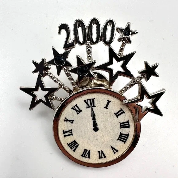 Vintage 90s‎ 2000 Millennium Clock Pin Brooch Silver Tone Shooting Star Jewelry