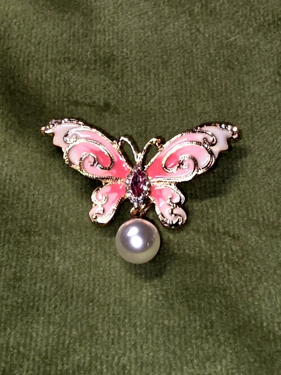 Source Unknown Pink Enamel Butterfly Brooch with Pearl Drop