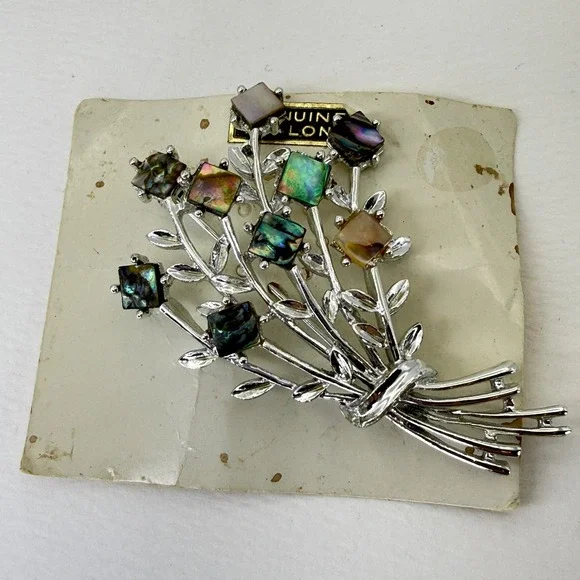 Vintage Genuine Abalone Shell Flower Bouquet Brooch Silver Tone Floral Pin