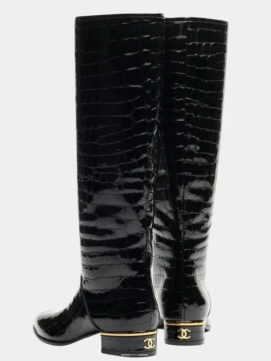 Chanel Black Croc-Embossed Patent Leather Knee Boots