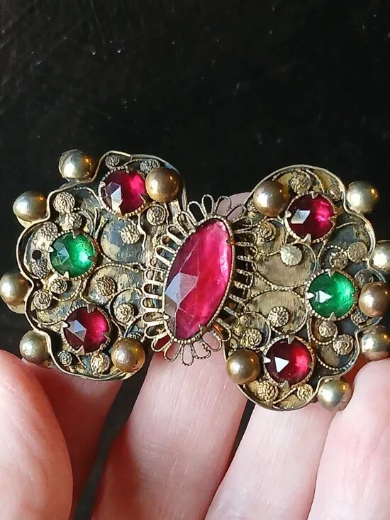 Vtg 1920s-30s, Whiting & Davis Art Deco Dress Sash Gilt Brass Clasp, Read