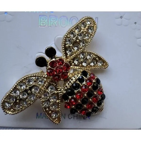 Mint Bumble Bee Rhinestone Red Goldtone Butterfly Brooch 1.25