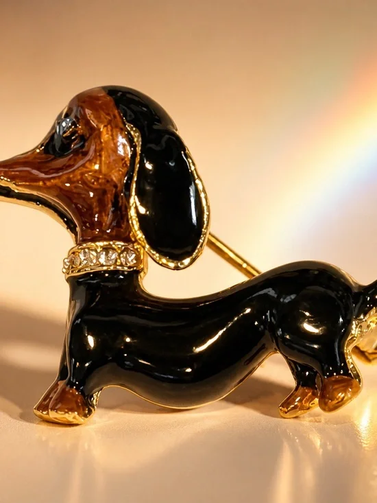 Dachshund Dog Enamel Brooch Pin - Black and Brown