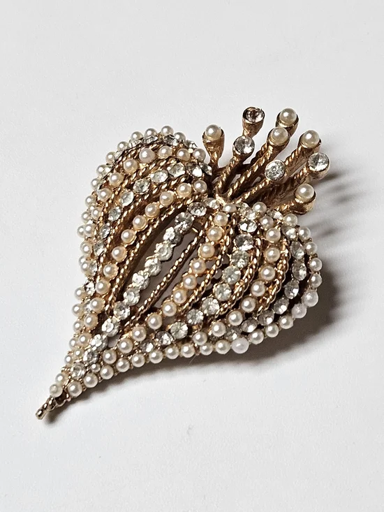 Gold-Tone Pearl & Crystal Leaf Brooch - Delicate Ivory Pearls