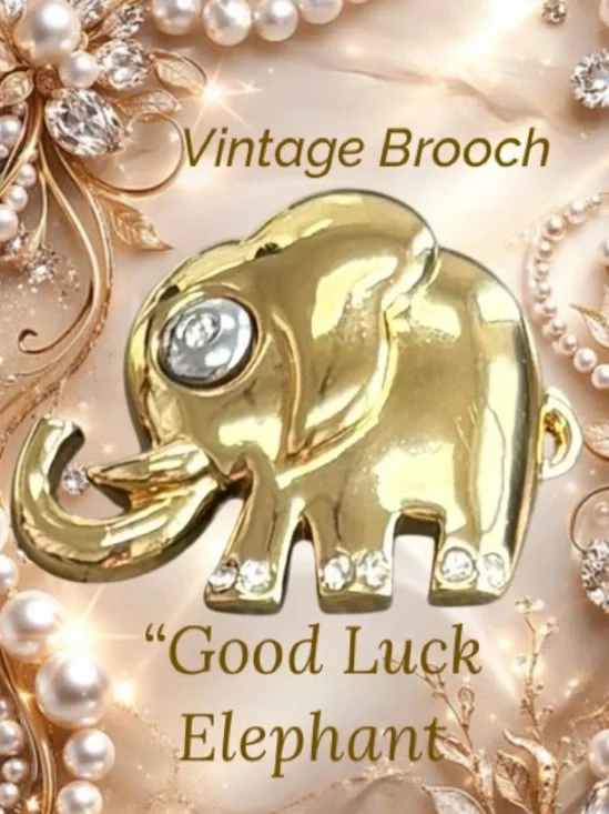 Vintage Gold Trunk Up Elephant Brooch Good Luck Prosperity Charm Pin Statement