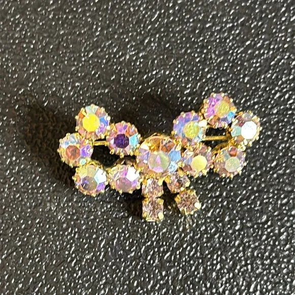 Vintage Aurora Borealis Bow Colorful Brooch Pin Gold Tone