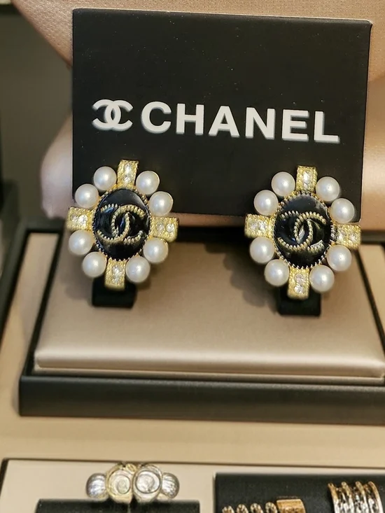 CHANEL Enamel Earrings In Goldtone With Pave' Crystals And Pearls