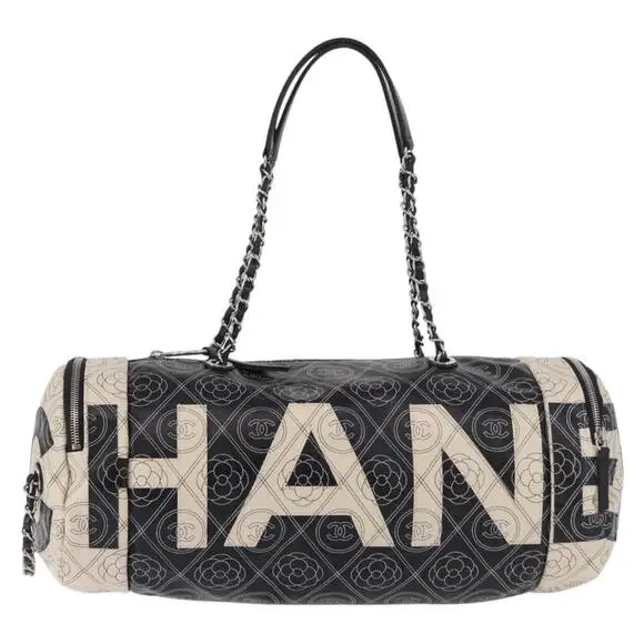 CHANEL Coated Canvas Camellia Printed Calfskin Bowling Bag