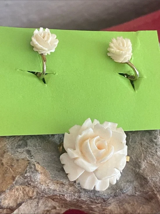 Vintage Carved Celluloid Rose Broach & Clip Earrings Set