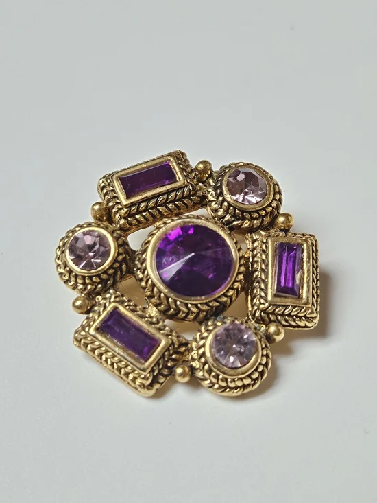 Gold-Tone Purple Gem Cluster Brooch - Renaissance