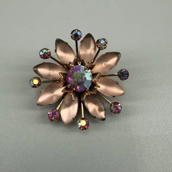 Vintage Pink Satin Glass Flower Brooch AB Rhinestones Petals Gold Tone Floral