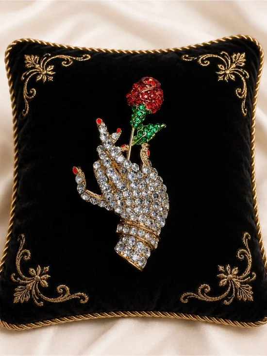 Brooch Crystal Lady Hand & Rose  - Rhinestone Gold Tone Red Green Accents Pin